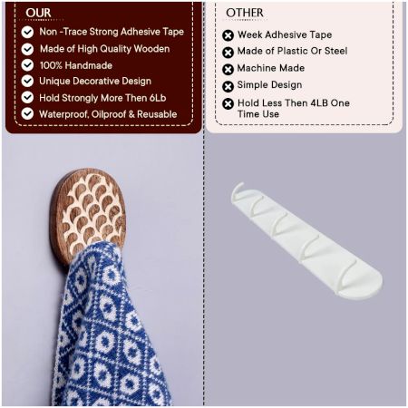 Wooden Brown White No Damage Wall Adhesive Hook